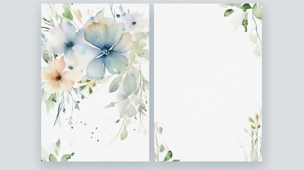 花と葉の装飾が施された結婚式の招待カード テンプレートのエレガントなセット白 AI 生成の水彩画の背景