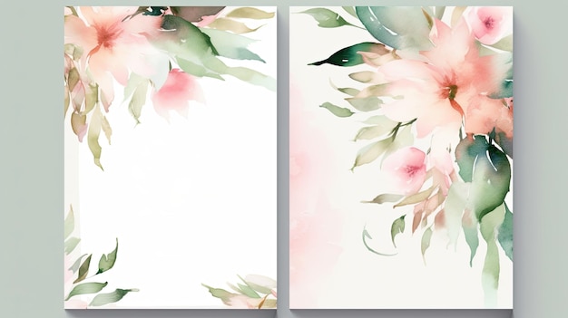 흰색 AI 생성에 꽃과 잎 장식 수채화 배경으로 결혼식 초대 카드 템플릿의 우아한 세트