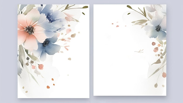 Elegant set of wedding invitation card template with floral and leaves decoration Watercolor background on white AI generative