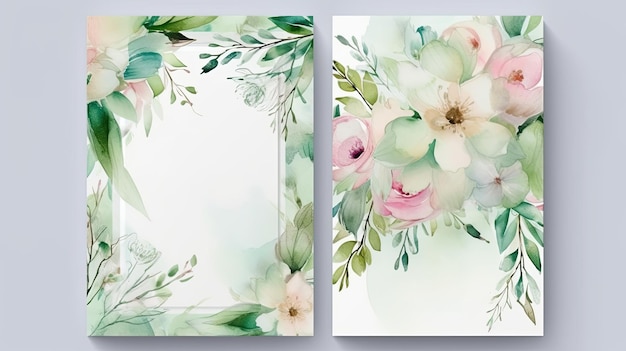 Elegant set of wedding invitation card template with floral and leaves decoration Watercolor background on white AI generative