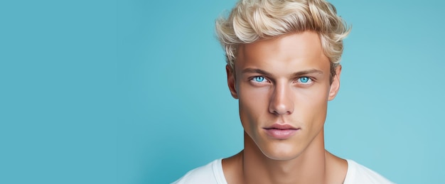 Photo elegant sexy caucasian blond man with blond hair with turquoise eyes with perfect skin on a blue