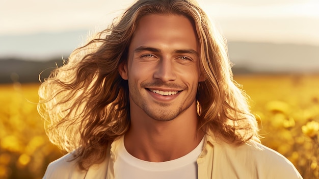 Elegante sexy sorridente uomo biondo caucasico con capelli biondi e lunghi con pelle perfetta su un giallo