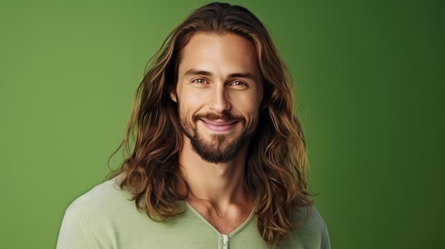 elegant sexy smiling Caucasian man with perfect skin and long hair on a light green background