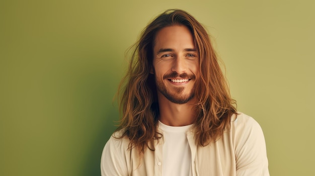 elegant sexy smiling Caucasian man with perfect skin and long hair on a light green background