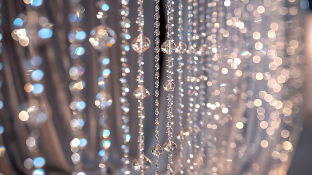 Elegant and shiny crystal beads hanging from the ceiling with blurred lights in the background