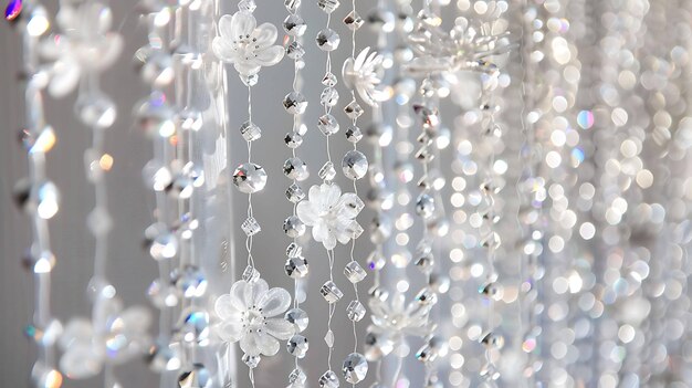 Elegant and shiny white crystal beads hanging in front of a blurred background