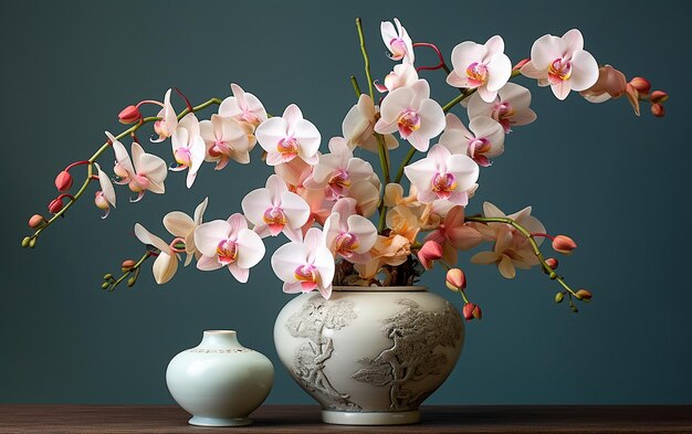 Photo elegant showcase orchid flowers in ceramic vase studio display