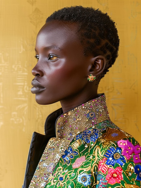 Elegant Side Portrait of a Woman with Glittering Jacket and Bold Earrings Against a Yellow