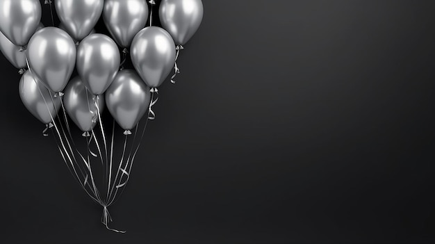 elegant silver balloons bunch on a black wall background horizontal banner