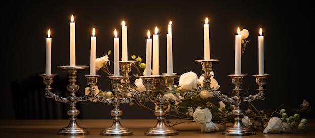 Элегантный серебряный подсвечник с белыми свечами для свадебной обстановки