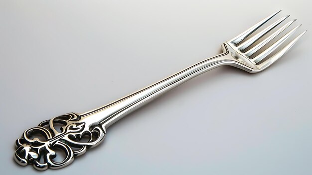 Elegant silver fork with an ornate handle isolated on a white background