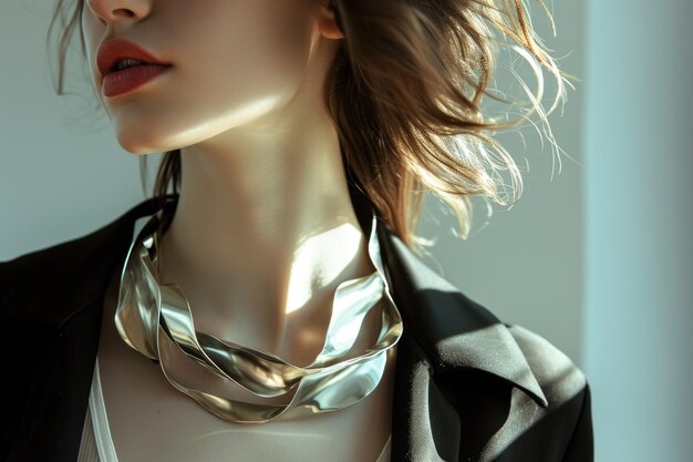 Элегантное серебряное ожерелье на женщине