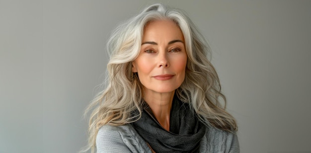 Elegant silverhaired woman with a scarf in a soft grey sweater