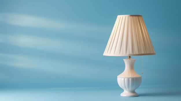 Elegant and simple white table lamp with a pleated lampshade on a blue background The lamp is turned on and is casting a warm glow of light