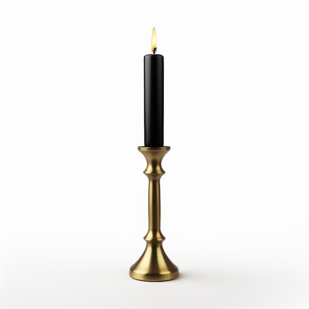 Photo elegant simplicity a black taper candle illuminates a brass candleholder on a clean white backgroun