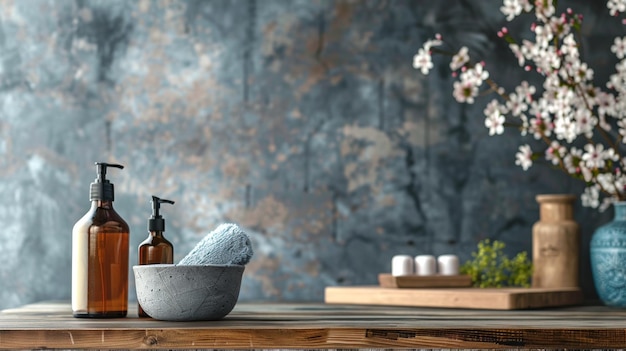 elegant skincare products on rustic table