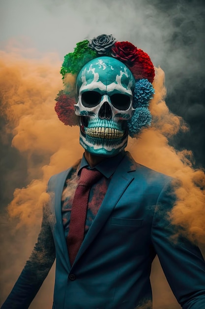 Elegant skull in a suit with floral crown amidst the colorful smoke Generative AI