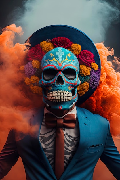 Elegant skull with floral crown and suit amidst the haze Generative AI