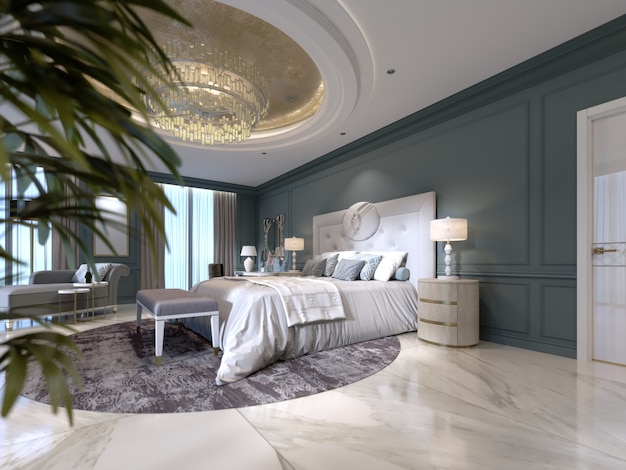 Elegant slaapkamerinterieur met groot comfortabel bed en bank met kaptafel en plant. 3D-rendering