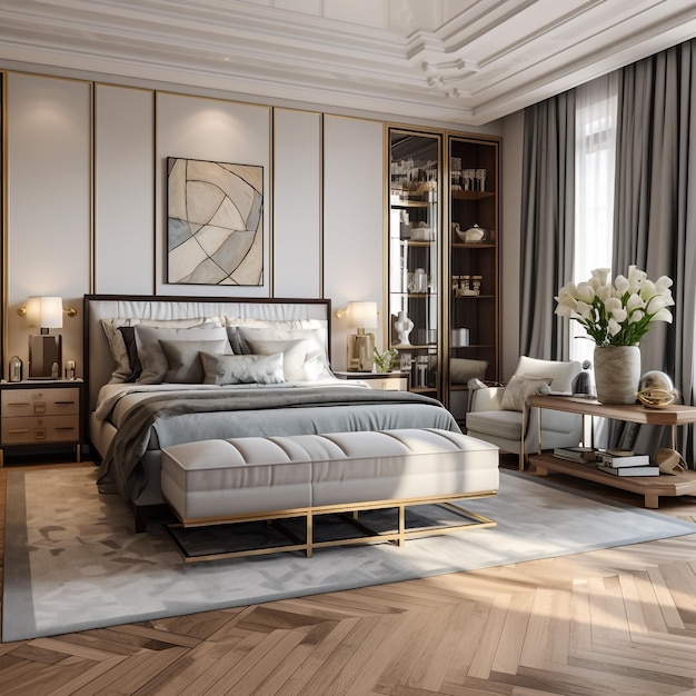 Elegant slaapkamerinterieur met groot comfortabel bed en bank met kaptafel en plant 3d-rendering