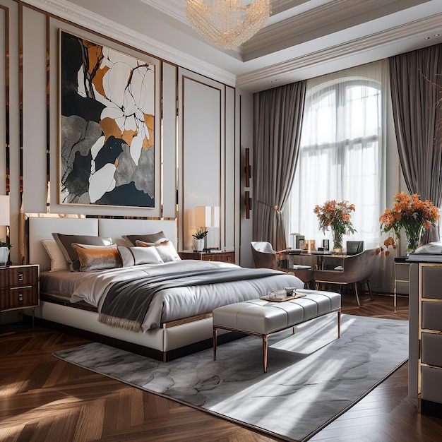 Elegant slaapkamerinterieur met groot comfortabel bed en bank met kaptafel en plant 3d-rendering