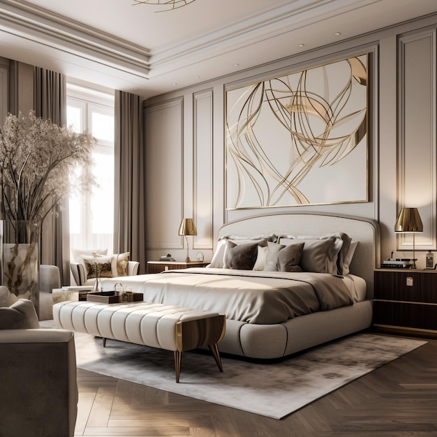 Elegant slaapkamerinterieur met groot comfortabel bed en bank met kaptafel en plant 3d-rendering