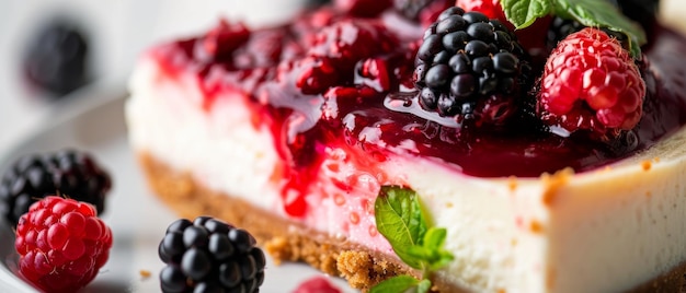 Elegant slice of cheesecake topped with mixed berries on a white plate a delicious dessert