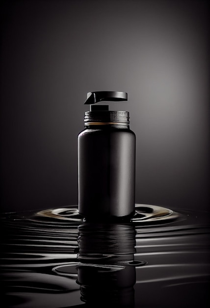 Elegant small dispenser bottle for cosmetics black on dark black background mock up AI Generated