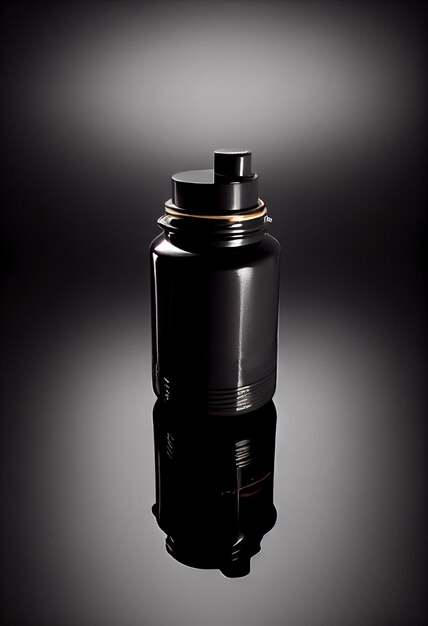 Elegant small dispenser bottle for cosmetics black on dark black background mock up AI Generated