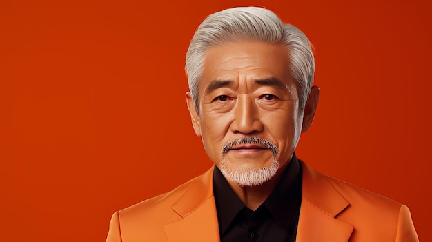 Elegant smiling elderly Asian man with gray hair on an orange background banner copy space portrait