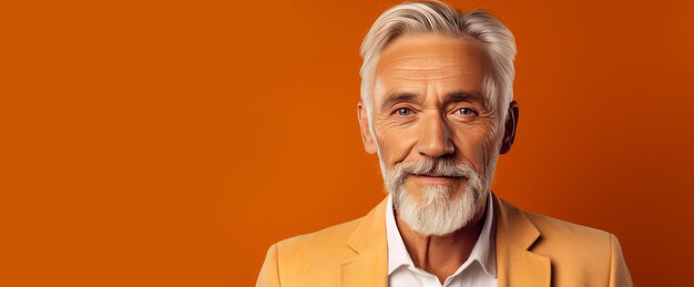 Elegant smiling elderly blond Caucasian with gray hair with perfect skin orange background banner