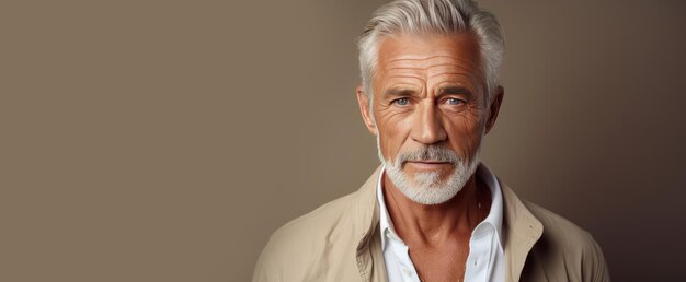 Elegant smiling elderly Caucasian man with gray hair with perfect skin on a creamy beige background