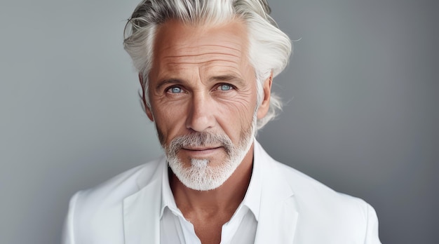 Elegant smiling elderly Caucasian man with gray hair with perfect skin on a light gray background