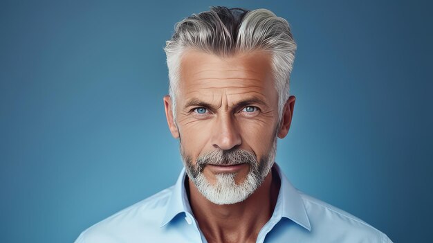 Elegant smiling elderly Caucasian with gray hair with perfect skin on a light blue background banne