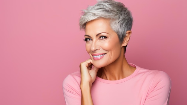 Elegant smiling elderly chic latino Spain woman with gray hair and perfect skin pink background bann