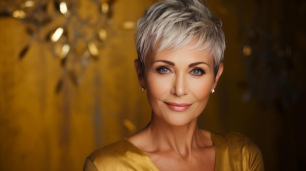 Photo elegant smiling elderly chic woman with gray hair and short haircut on a golden background banner