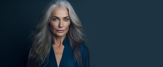 Elegant smiling elderly chic woman with gray long hair and perfect skin on a dark blue background
