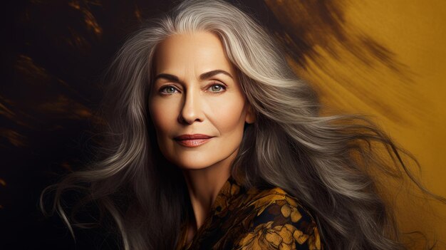 Photo elegant smiling elderly chic woman with gray long hair and perfect skin on a golden background bann