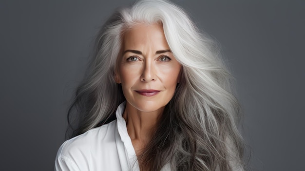 Elegant smiling elderly chic woman with gray long hair and perfect skin on a gray background banner