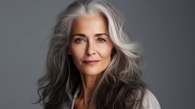 Foto elegante sorridente anziana donna chic con capelli lunghi grigi e pelle perfetta su uno striscione di sfondo grigio