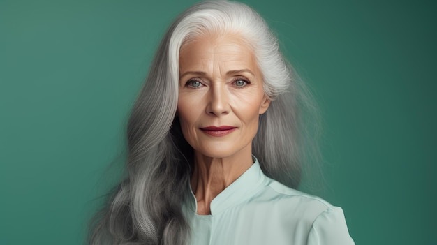 Elegant smiling elderly chic woman with gray long hair and perfect skin on green background banner