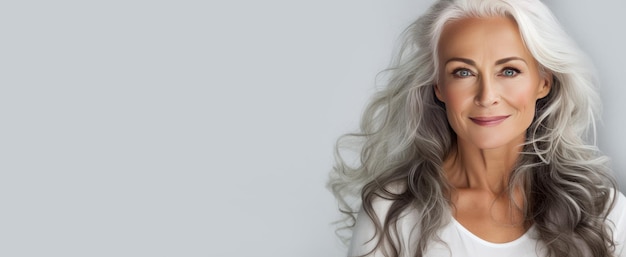 Elegant smiling elderly chic woman with gray long hair and perfect skin on a white background banne