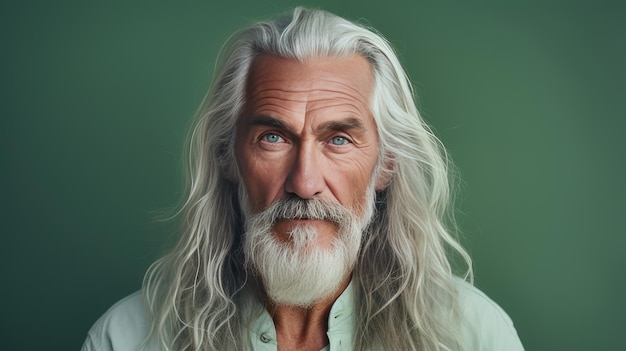 Elegant smiling elderly man with gray and long hair with perfect skin on light green background ba