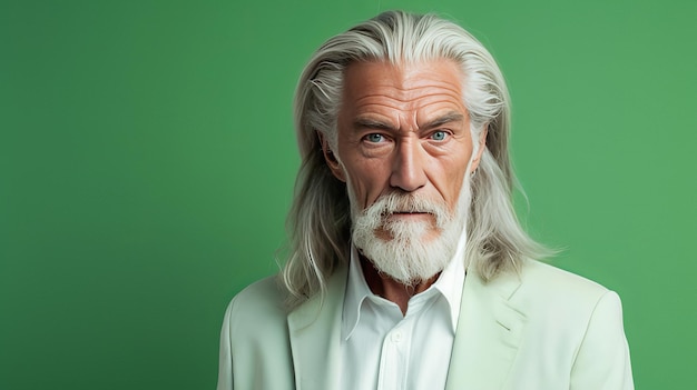 Elegant smiling elderly man with gray and long hair with perfect skin on light green background ba