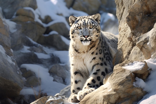 An elegant snow leopard camouflaged among the rock 00647 02