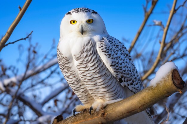 写真 冬 の 枝 に 座っ て いる 優雅 な 雪 の オオカミ