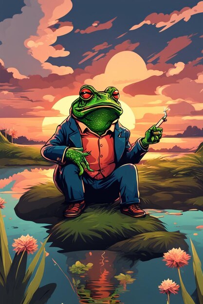 elegant southern cool frog smoking character near a pond at sunset cartoon illustration