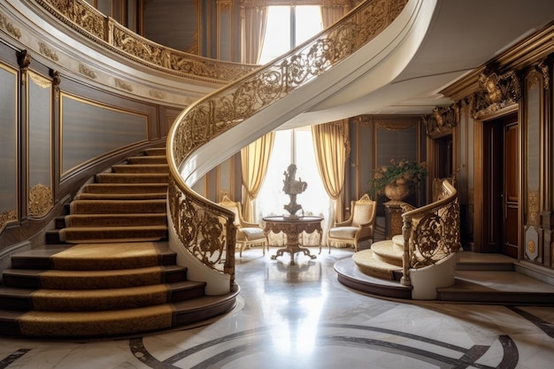 写真 生成 ai で作成された大理石の階段を持つ豪華な邸宅のエレガントな螺旋階段