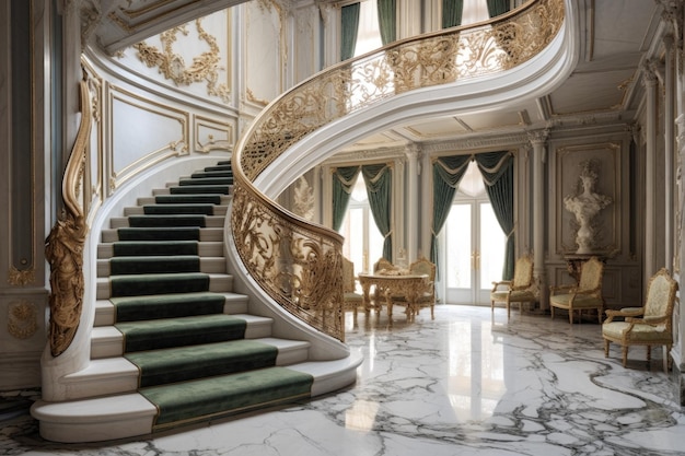 Elegant spiral staircase in a luxurious mansion with marble steps created with generative ai