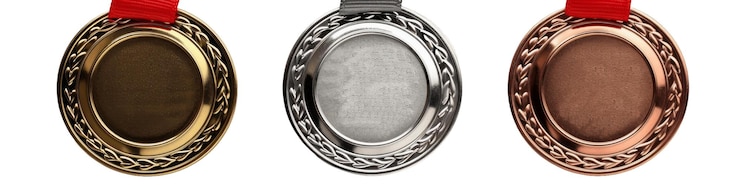 Photo elegant sports achievement medallions in gold silver and bronze with ribbons